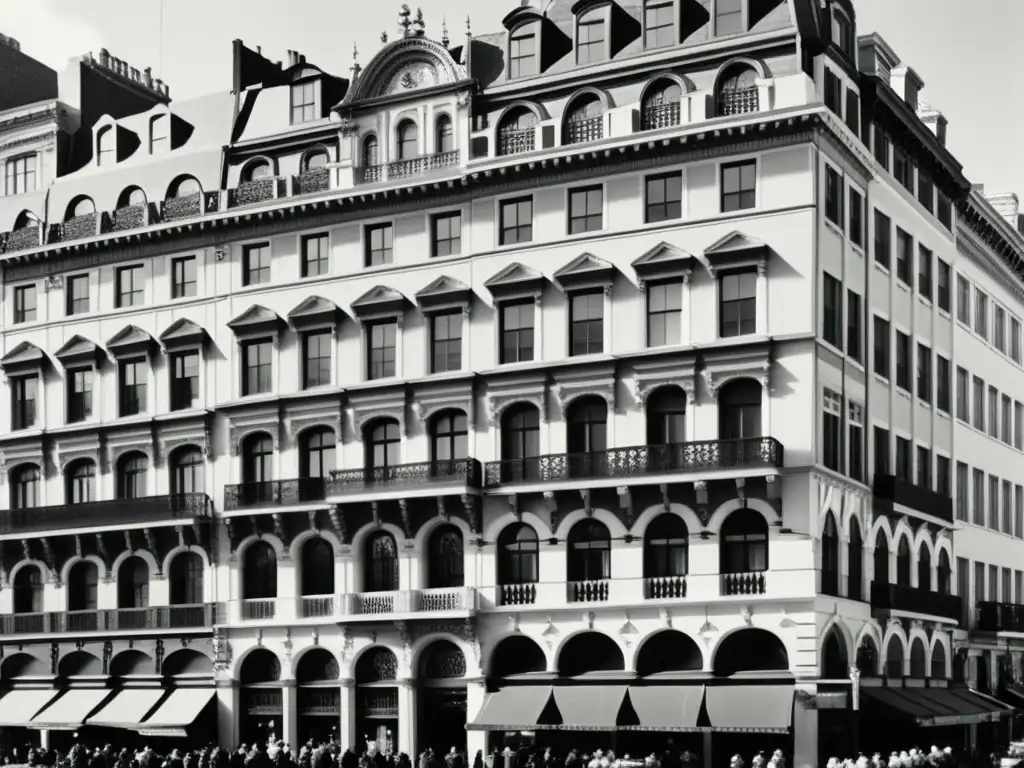 Imagen en blanco y negro de una bulliciosa calle urbana con patrones arquitectónicos geométricos