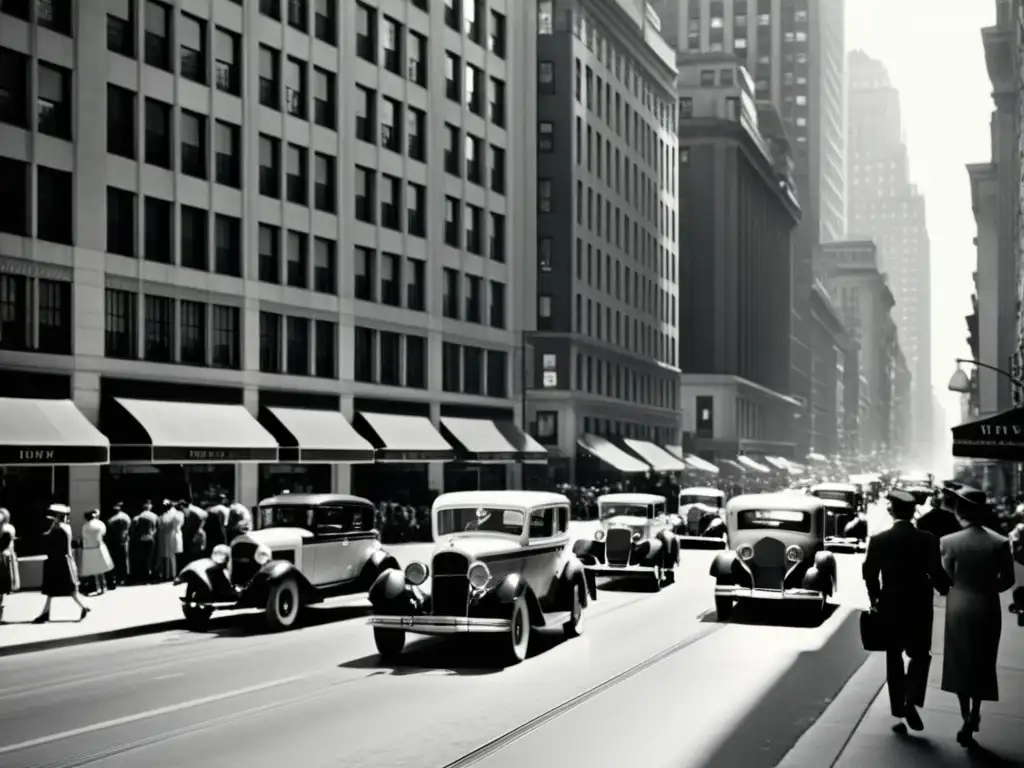 Imagen en blanco y negro de una bulliciosa calle de la ciudad con rascacielos de estilo art déco y patrones lineales