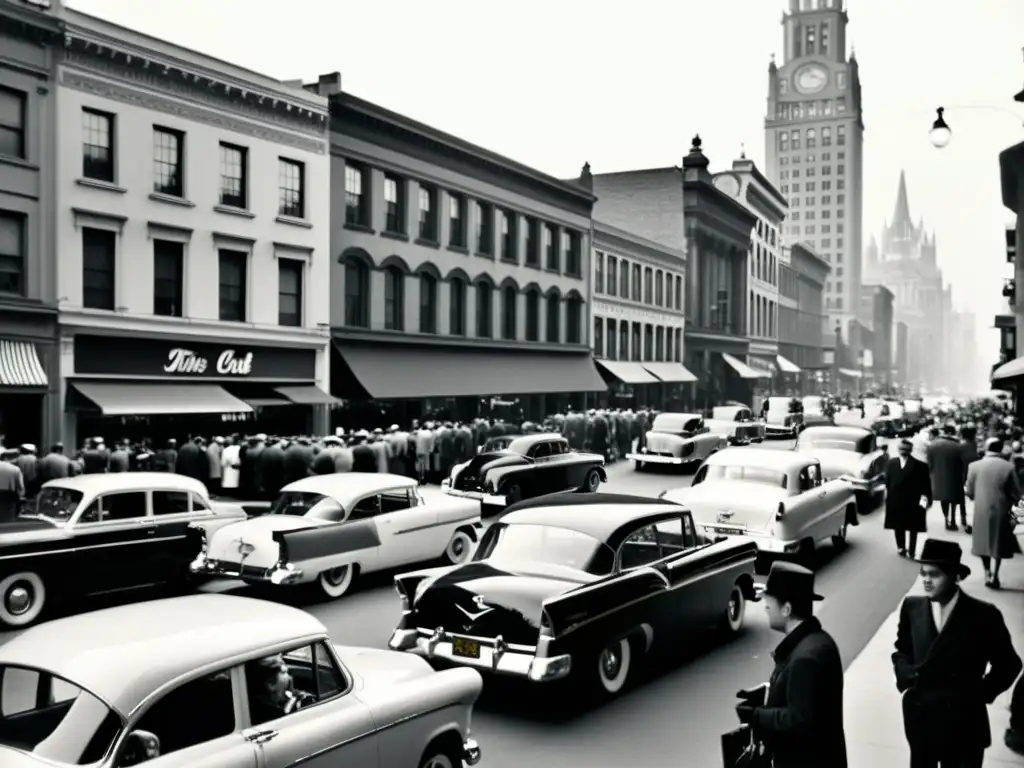 Una imagen en blanco y negro de una bulliciosa calle de la ciudad en los años 50, con autos antiguos, fachadas clásicas y una multitud diversa