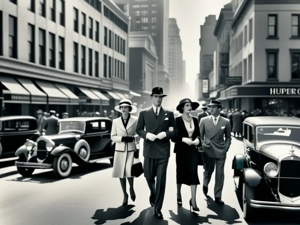 Imagen en blanco y negro de una bulliciosa calle de la ciudad en la década de 1920, con elegantes hombres y mujeres paseando frente a edificios de estilo art déco y coches clásicos