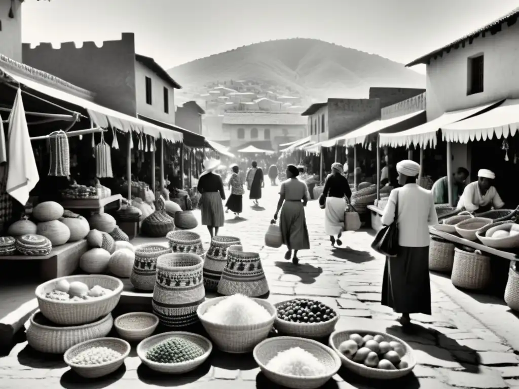 Imagen en blanco y negro de un bullicioso mercado, con locales vestidos con trajes tradicionales y productos artesanales coloridos