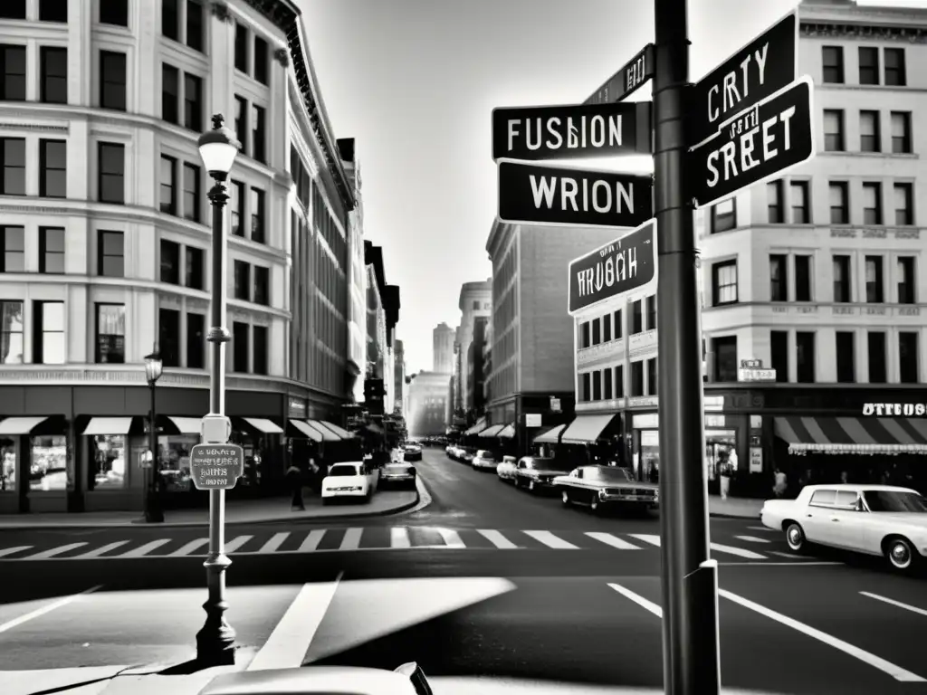 Imagen en blanco y negro de una concurrida esquina de la ciudad con señales de hierro forjado decorativas