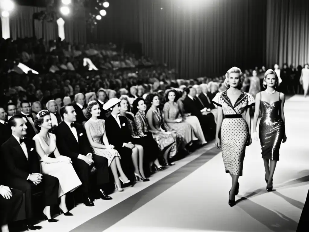 Una imagen en blanco y negro de un desfile de moda vintage, mostrando la elegancia atemporal y la globalización en la moda de lujo