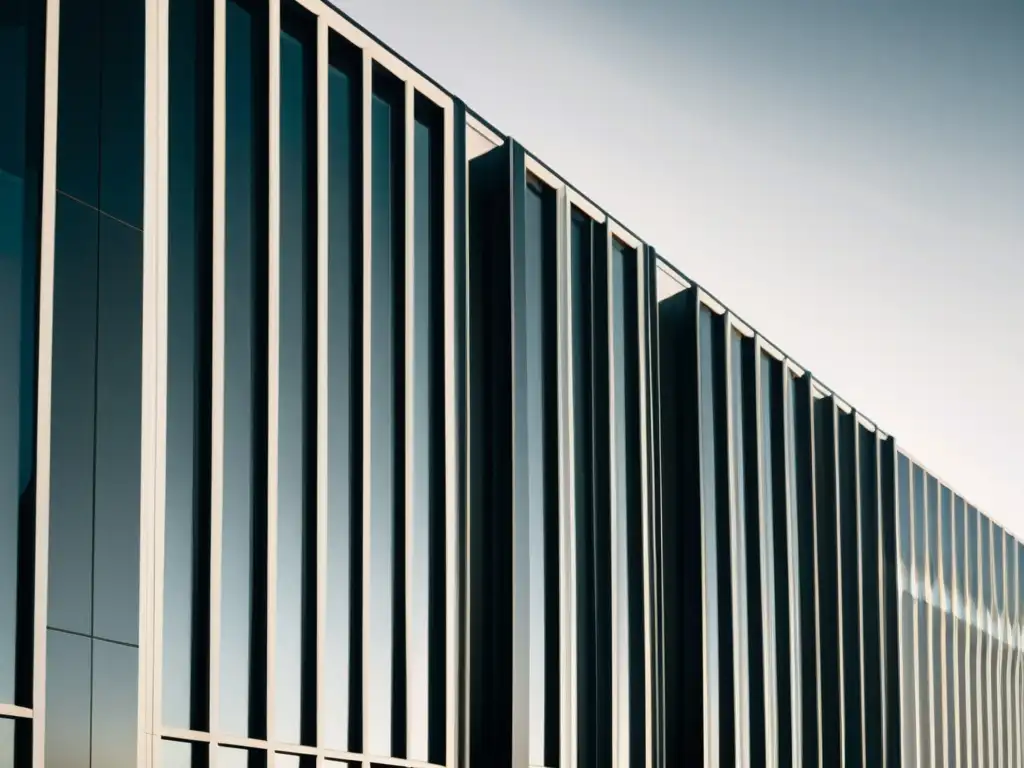 Imagen en blanco y negro de un edificio modernista con patrones artísticos en arquitectura moderna, mostrando líneas limpias y diseño minimalista