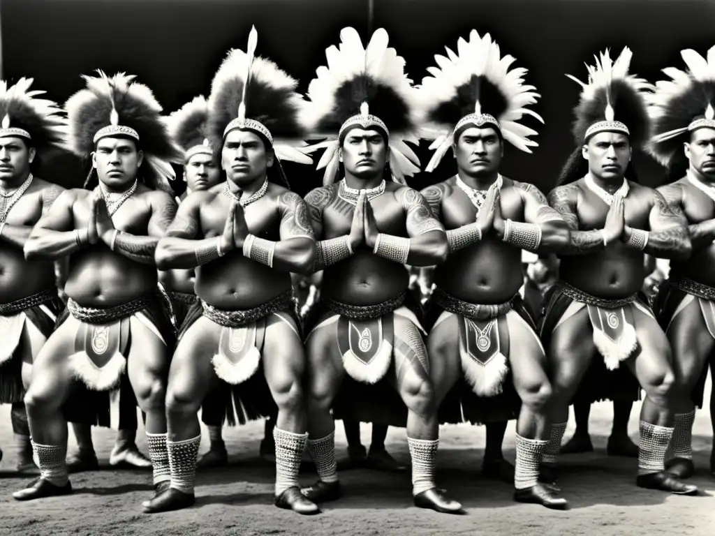 Imagen en blanco y negro de guerreros maoríes ejecutando una danza de guerra con patrones simétricos en movimientos y atuendos impresionantes