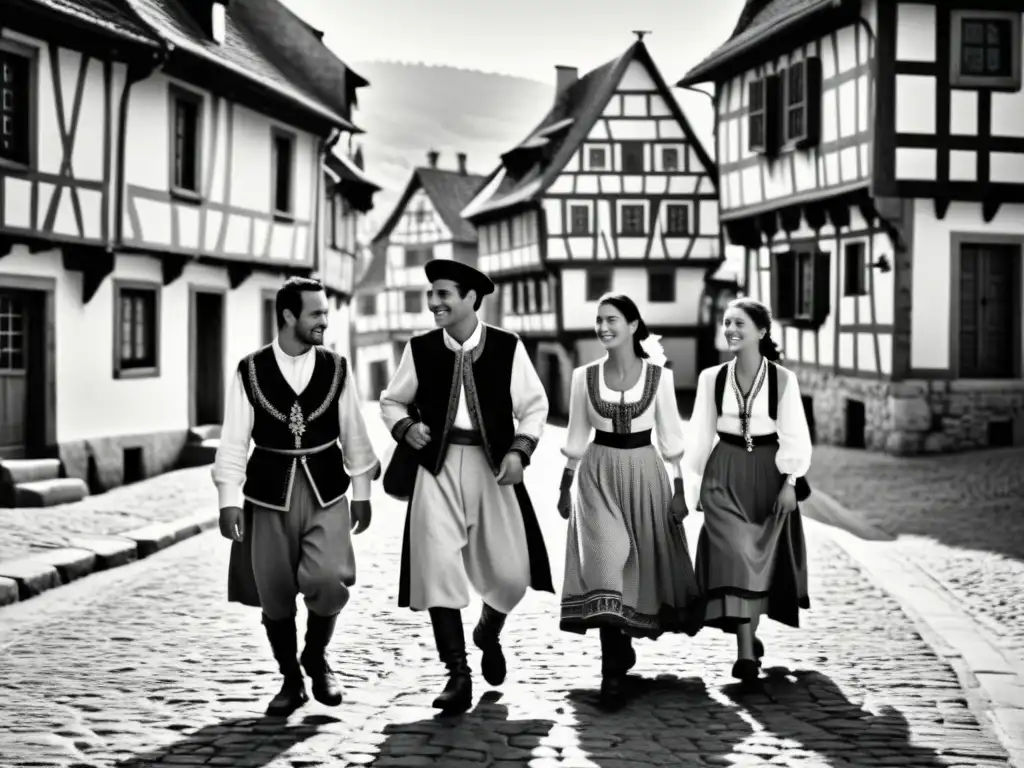 Imagen en blanco y negro de un pintoresco pueblo europeo con casas de entramado de madera y calles empedradas