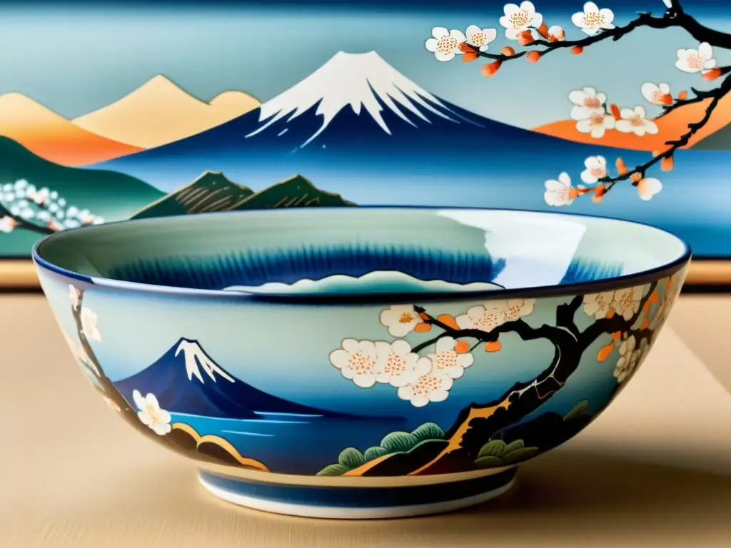 Imagen de un bol japonés de cerámica con paisaje ukiyoe, influencia del arte Ukiyoe en cerámica japonesa