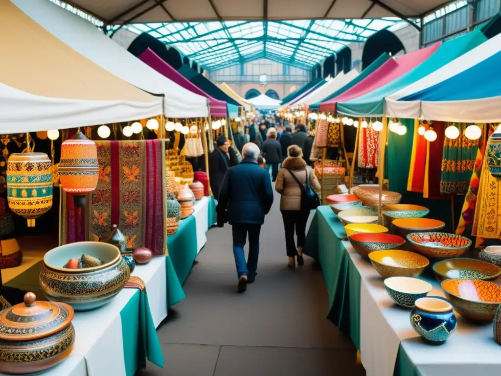 Imagen de un bullicioso mercado de arte emergente con coloridos patrones artísticos de todo el mundo, creando una escena visualmente cautivadora