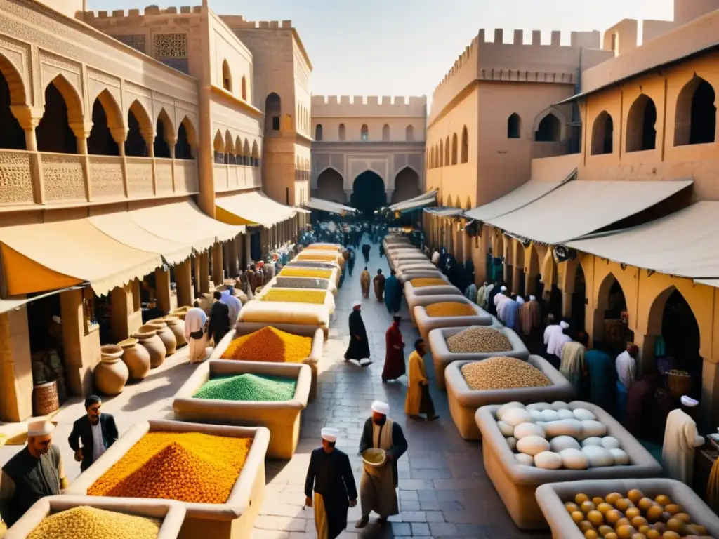 Imagen de un bullicioso mercado en una ciudad islámica histórica, con arquitectura intrincada y textiles vibrantes