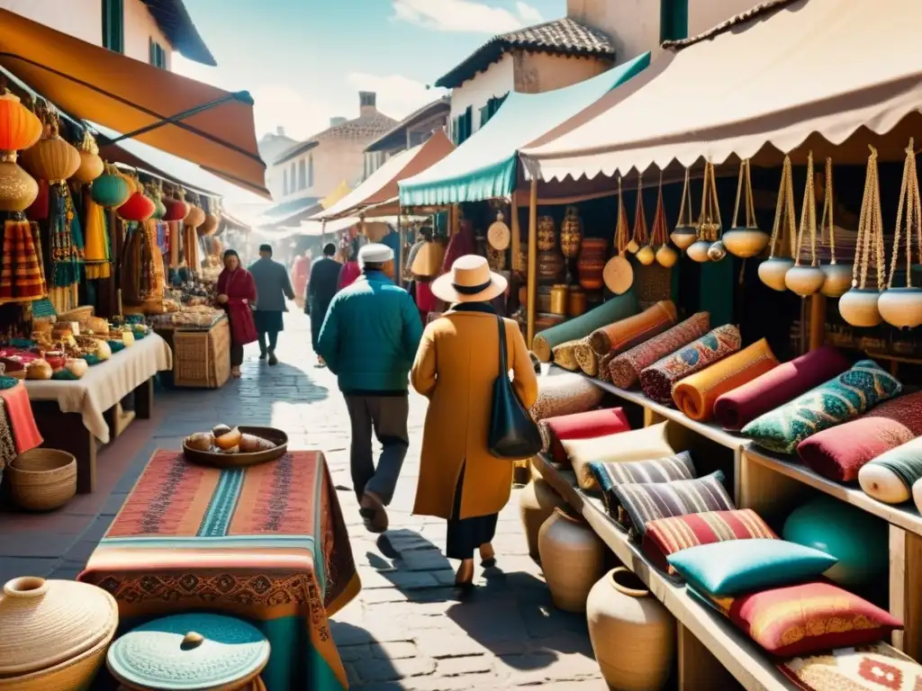 Imagen de un bullicioso mercado vintage con coloridos souvenirs y artesanos exhibiendo artículos culturales