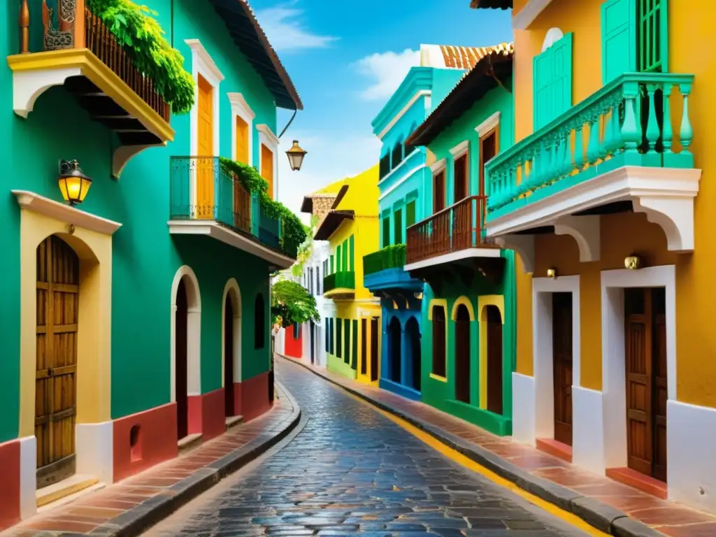 Imagen de una calle empedrada en Cartagena con patrones de arquitectura colonial, balcones coloridos y vegetación exuberante