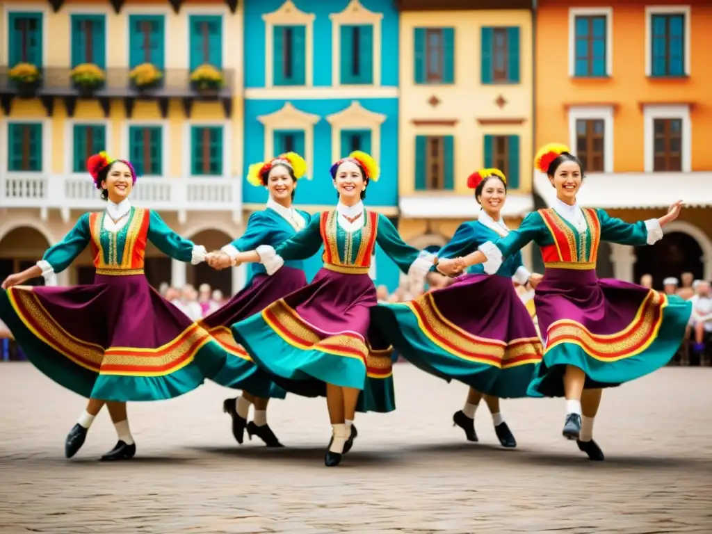 Imagen de danza folclórica con diseño de patrones tradicionales, colores vibrantes y movimiento sincronizado en una plaza animada