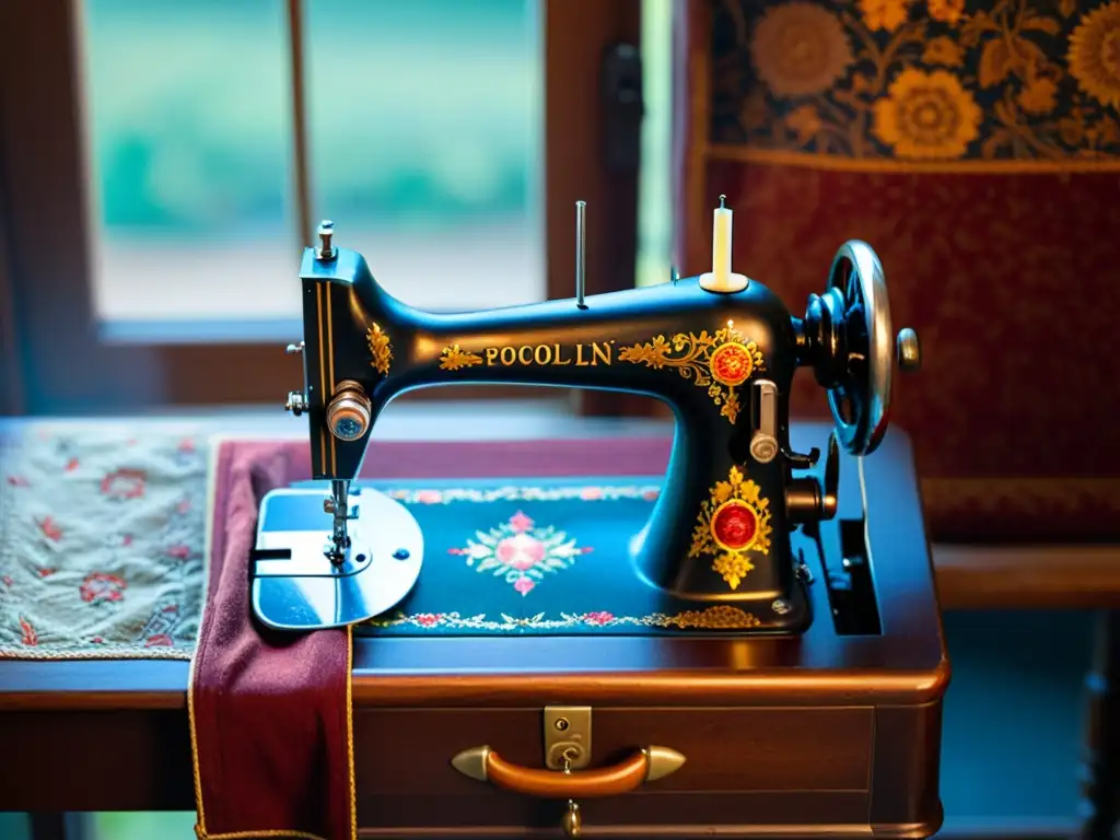 Una imagen detallada de una antigua máquina de coser con patrones florales, en un taller con telas y hilos