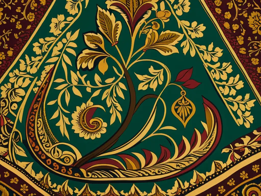 Imagen detallada del arte textil Kalamkari India, con vibrantes colores y delicados patrones que narran historias mitológicas