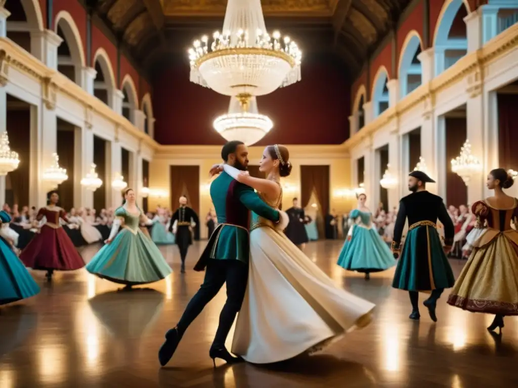 Una imagen detallada en 8k de bailarines renacentistas en trajes elaborados, realizando una danza dinámica en un salón opulento