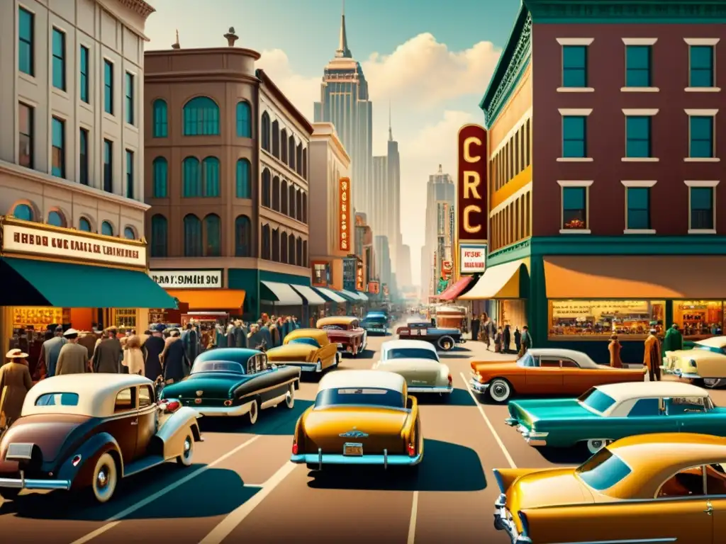 Imagen vintage 8k de ciudad bulliciosa del siglo XX Imagen detallada en 8k de una bulliciosa calle de ciudad vintage del siglo XX, con patrones culturales en publicidad y una atmósfera nostálgica
