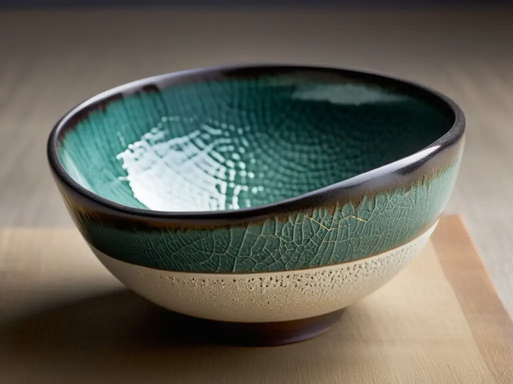 Una imagen detallada de un cuenco de cerámica Raku japonés, resaltando sus imperfecciones y la belleza del arte raku japonés