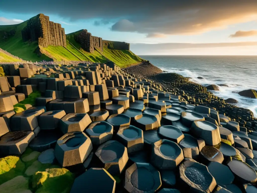 Imagen detallada de la espectacular formación de basalto en la Calzada del Gigante en Irlanda del Norte, con patrones geológicos naturales fascinantes