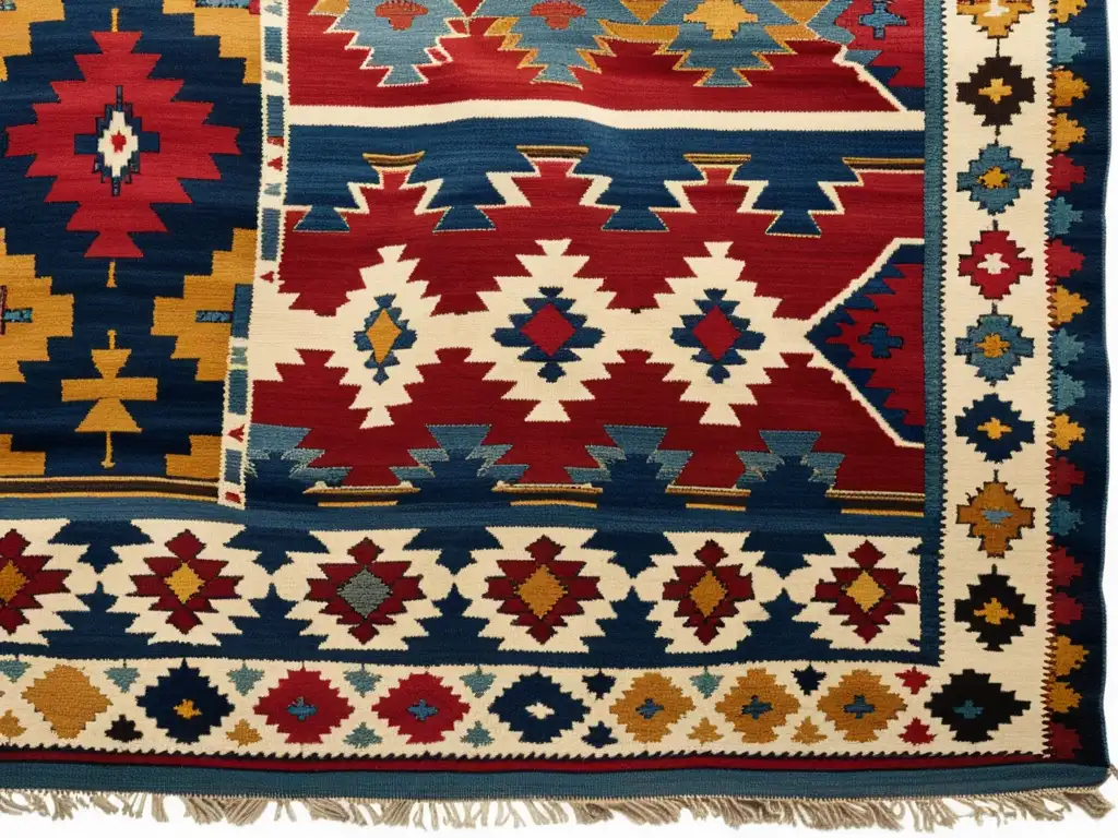 Una imagen detallada de un kilim turco, con patrones geométricos en colores vibrantes y terrosos como el carmesí, índigo y oro