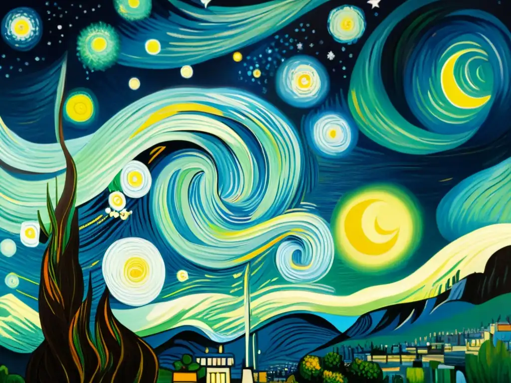 Una imagen detallada de 8k de 'La noche estrellada' de Vincent van Gogh, con sus patrones artísticos pintura multicultural y colores vibrantes