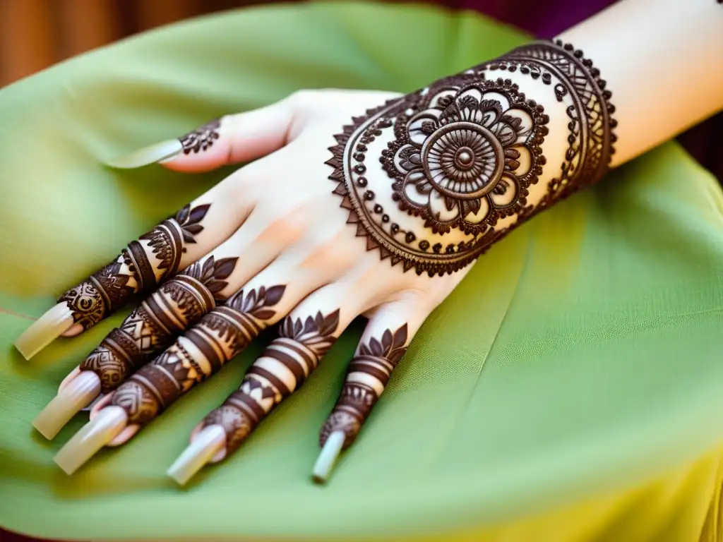 Diseño de henna vintage en las manos: patrones delicados en tonos terrosos Una imagen detallada de patrones de henna contemporáneos en las manos de una mujer, con diseños intrincados en tonos terrosos