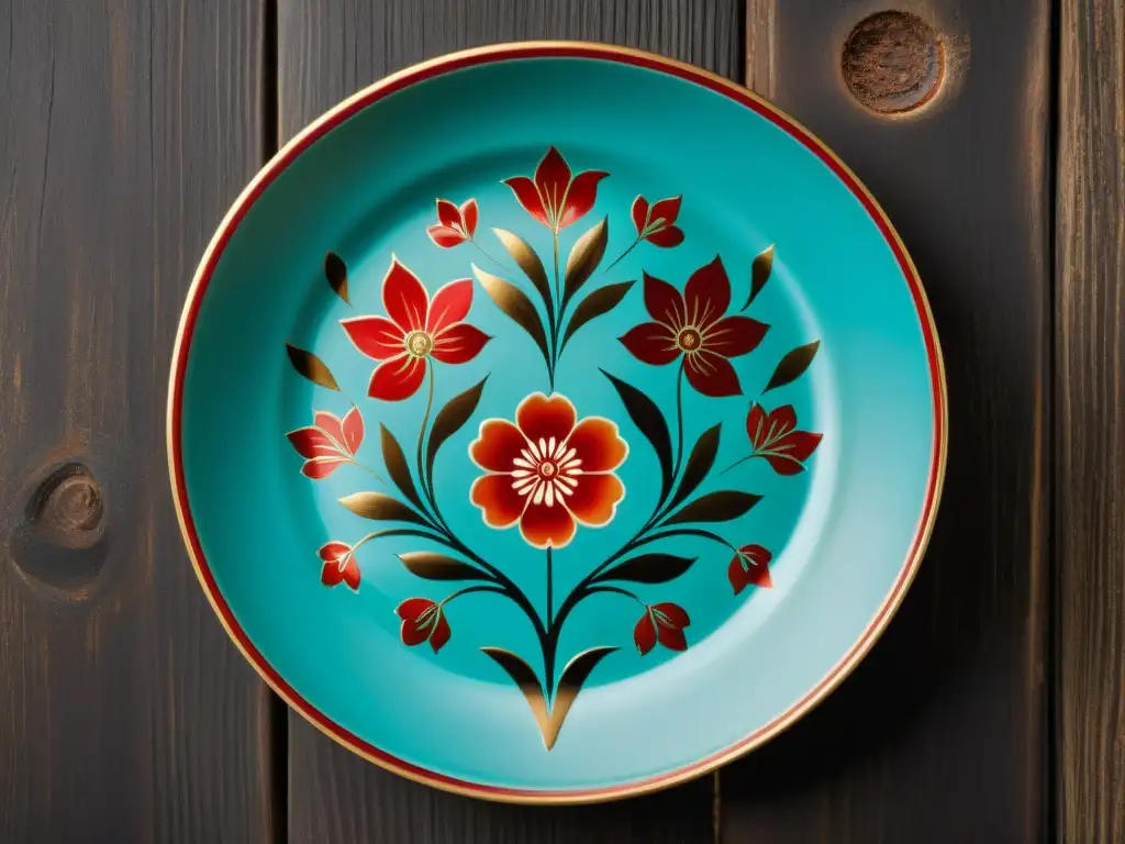 Una imagen detallada de un plato de cerámica pintado a mano con patrones florales en rojo, oro y turquesa sobre un fondo de madera envejecida