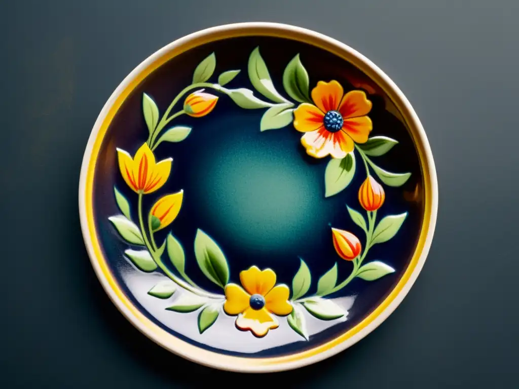 Plato vintage pintado a mano: detalle y color Una imagen detallada de un plato de cerámica decorativa vintage, con patrones florales intrincados y colores vibrantes