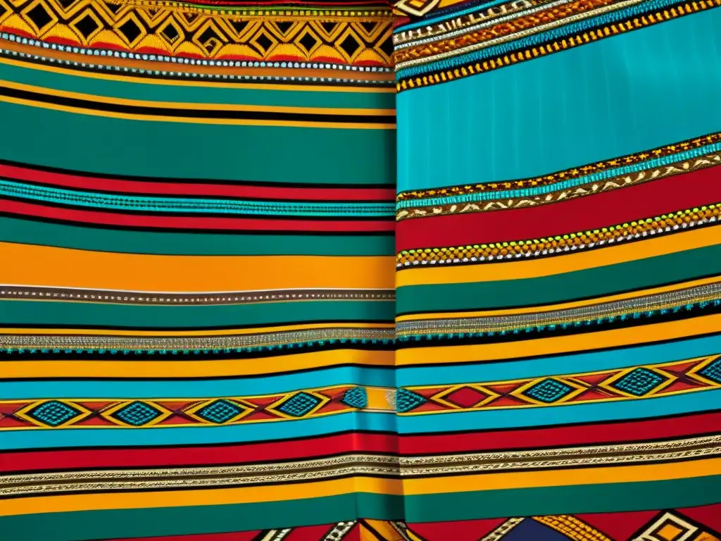 Una imagen detallada de un tejido africano tradicional con patrones geométricos intrincados y colores vibrantes