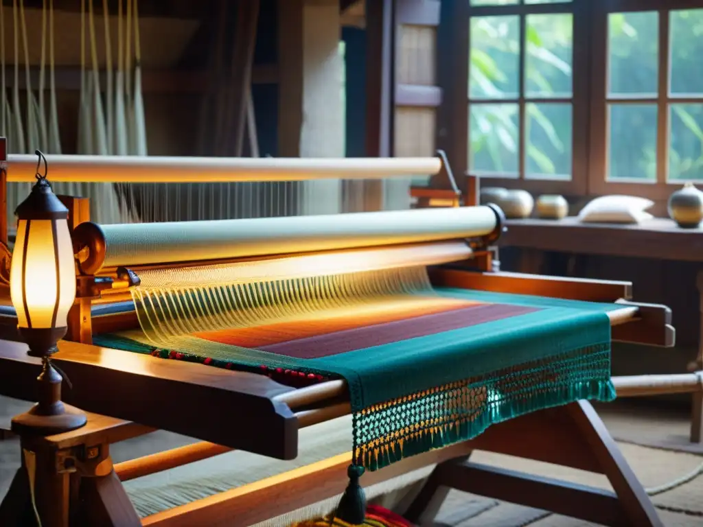 Una imagen detallada de un telar tradicional en un taller artesanal, con textiles en vibrantes colores y patrones, iluminado por lámparas cálidas