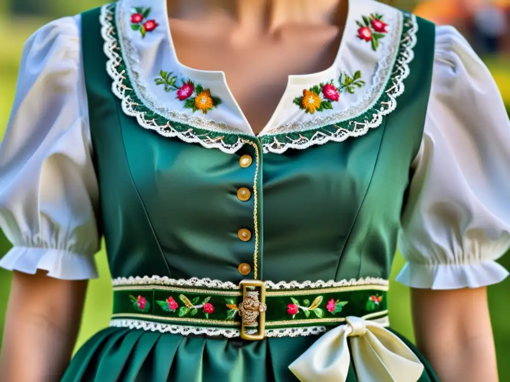 Una imagen detallada de un dirndl bávaro tradicional con bordados florales y encajes