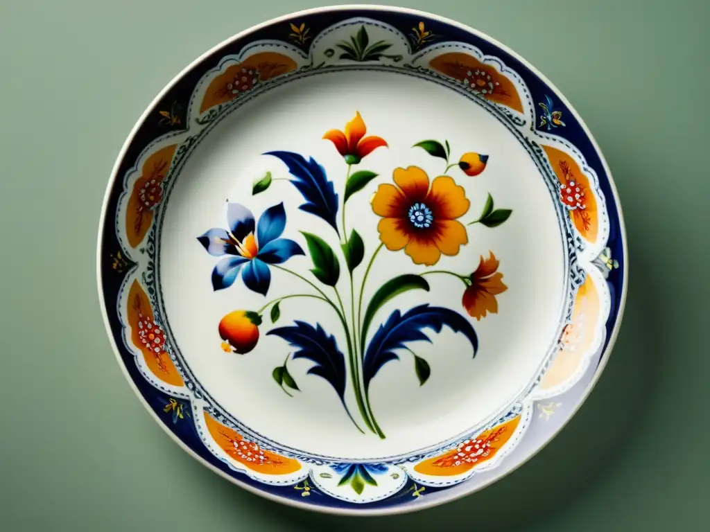 Una imagen de un exquisito plato de porcelana vintage con patrones florales pintados a mano en colores vibrantes