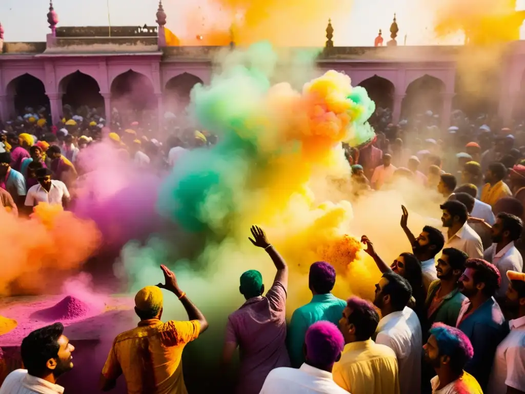 Imagen del festival Holi con patrones de color vibrantes y caóticos, capturando la alegría de los participantes lanzando polvos de colores al aire