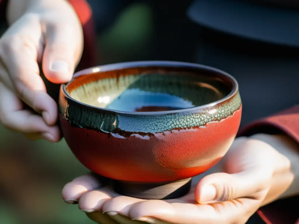 Una imagen que muestra la filosofía del diseño de cerámica japonesa Raku, con un tazón de té y un entorno tradicional de ceremonia de té