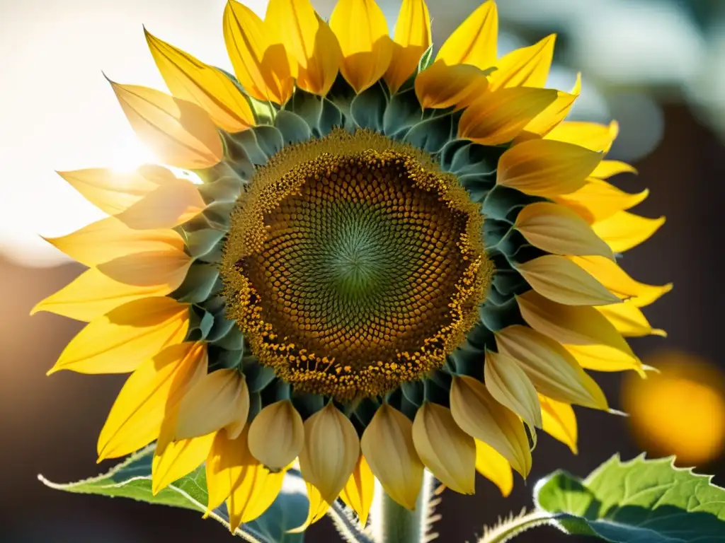 Imagen de un girasol en alta resolución, con patrones circulares de sus semillas y detalles delicados en los pétalos