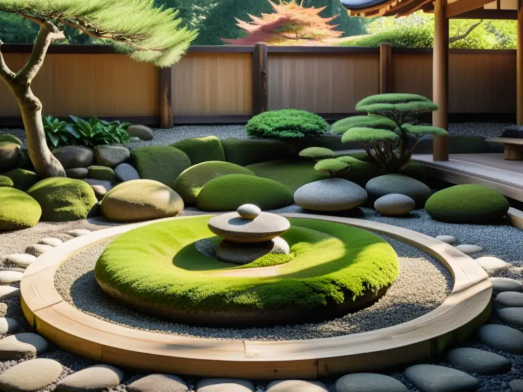 Imagen de un hermoso jardín zen con patrones meticulosamente construidos, creando una atmósfera serena y meditativa