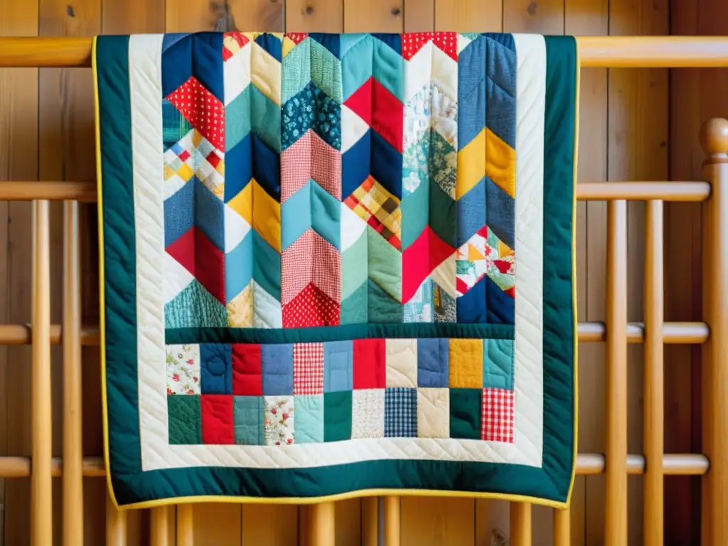 Imagen de un hermoso quilt americano con vibrantes patrones y detallados bordados, evocando tradición y arte contemporáneo