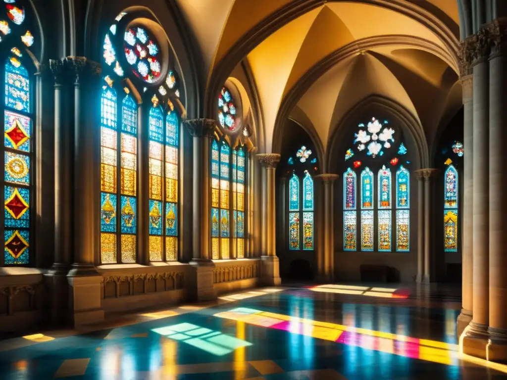 Imagen impactante de una catedral antigua con vitrales coloridos y patrones de luz