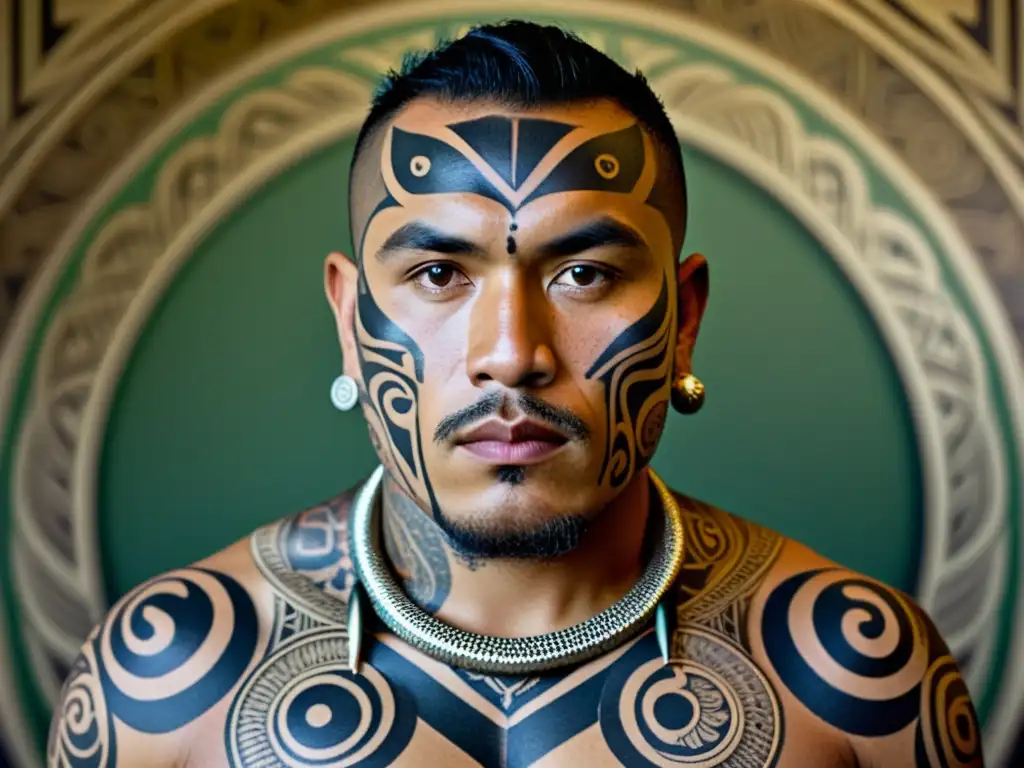 Imagen impactante de guerrero maorí con patrones corporales en tatuajes tradicionales, simbolizando herencia y cultura