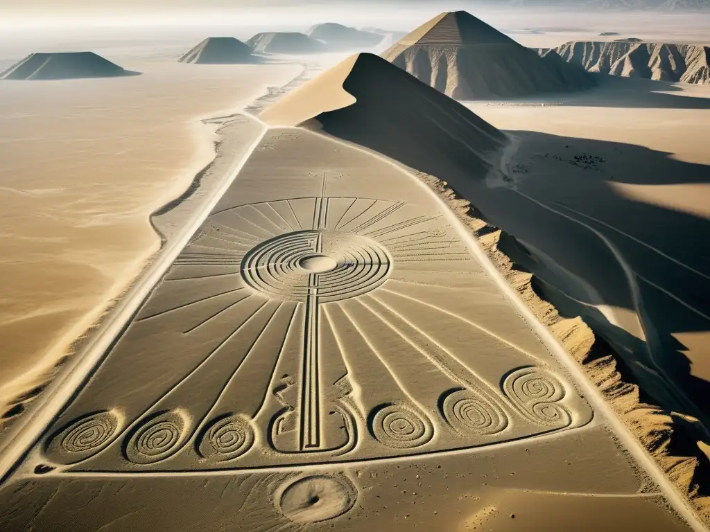 Geoglifos de Nazca: Misteriosas Líneas en el Desierto Imagen impactante de los misteriosos diseños y formaciones geográficas de las Líneas de Nazca en el desierto de Perú, evocando enigma y curiosidad