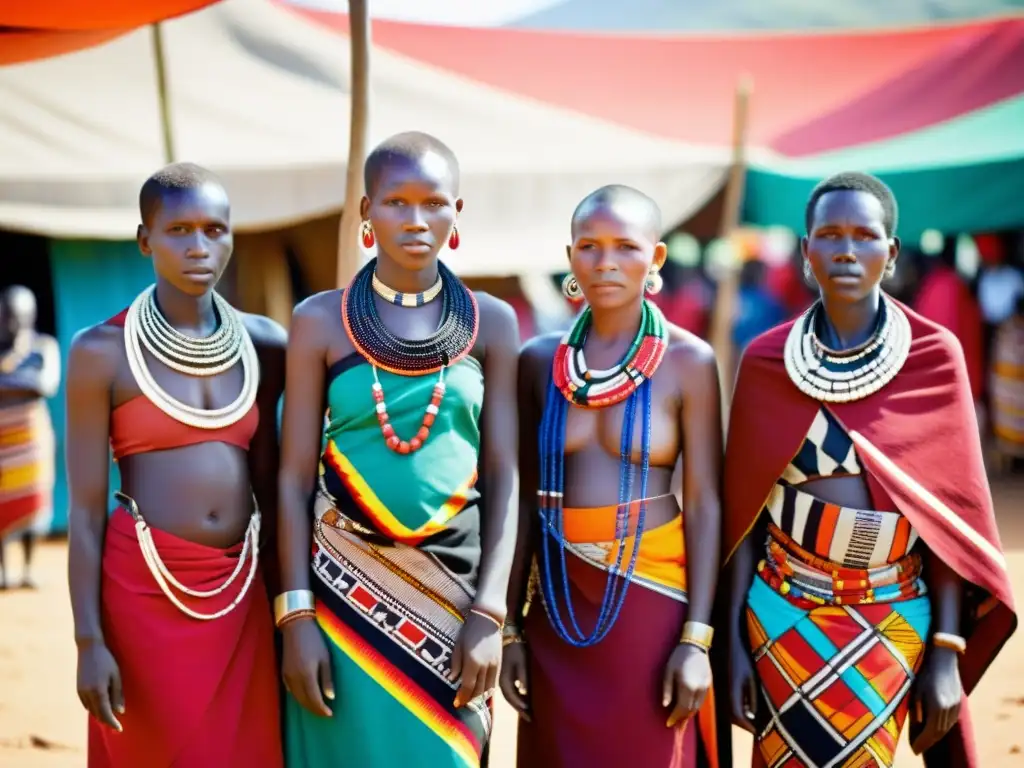 Imagen impactante de mujeres Masai en un mercado, mostrando la evolución de los patrones Masai en textiles vibrantes y joyería detallada