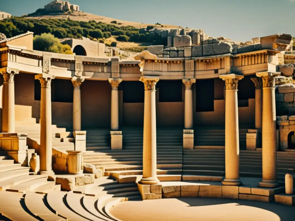 Imagen impactante de un teatro griego o romano con actores en trajes tradicionales, evocando la importancia del vestuario en la cultura greco-romana