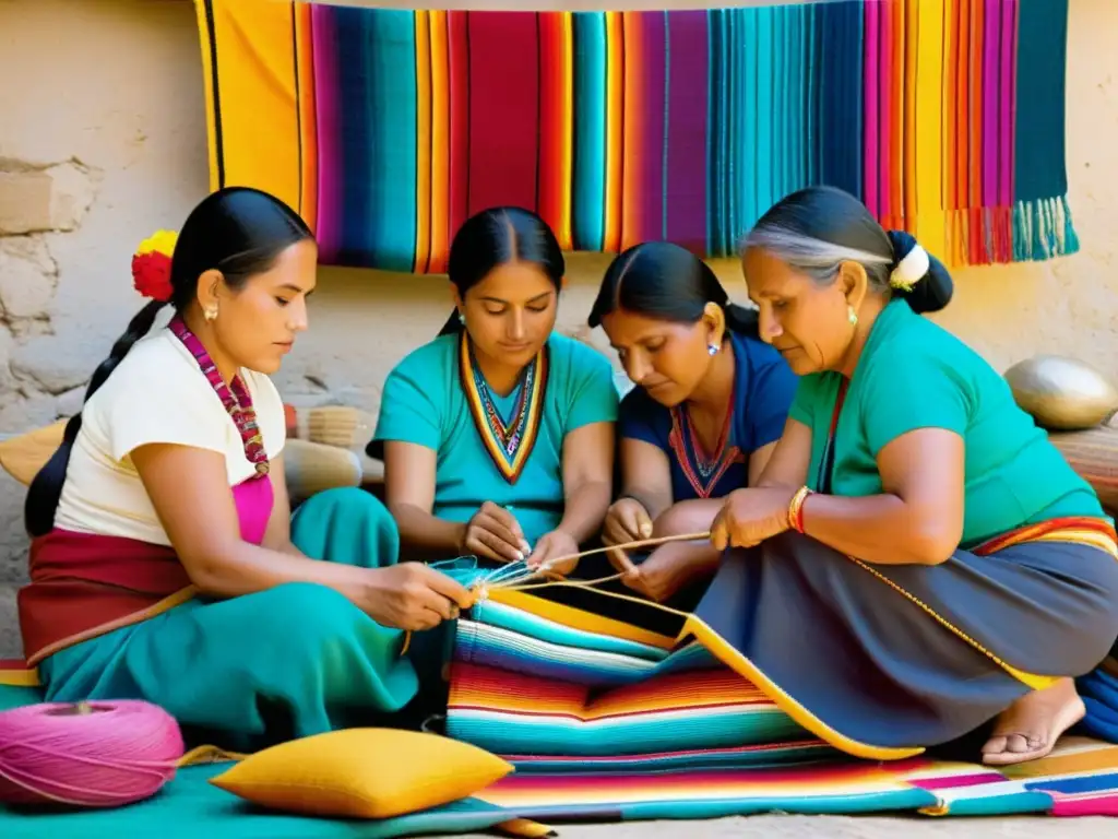 Imagen impactante de tejedoras zapotecas inmersas en la narrativa visual de sus textiles coloridos