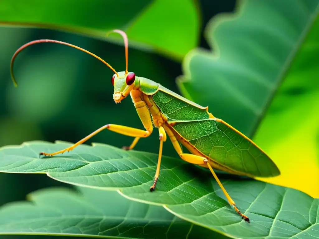 Imagen de un insecto hoja (Phyllium giganteum) camuflado en el follaje