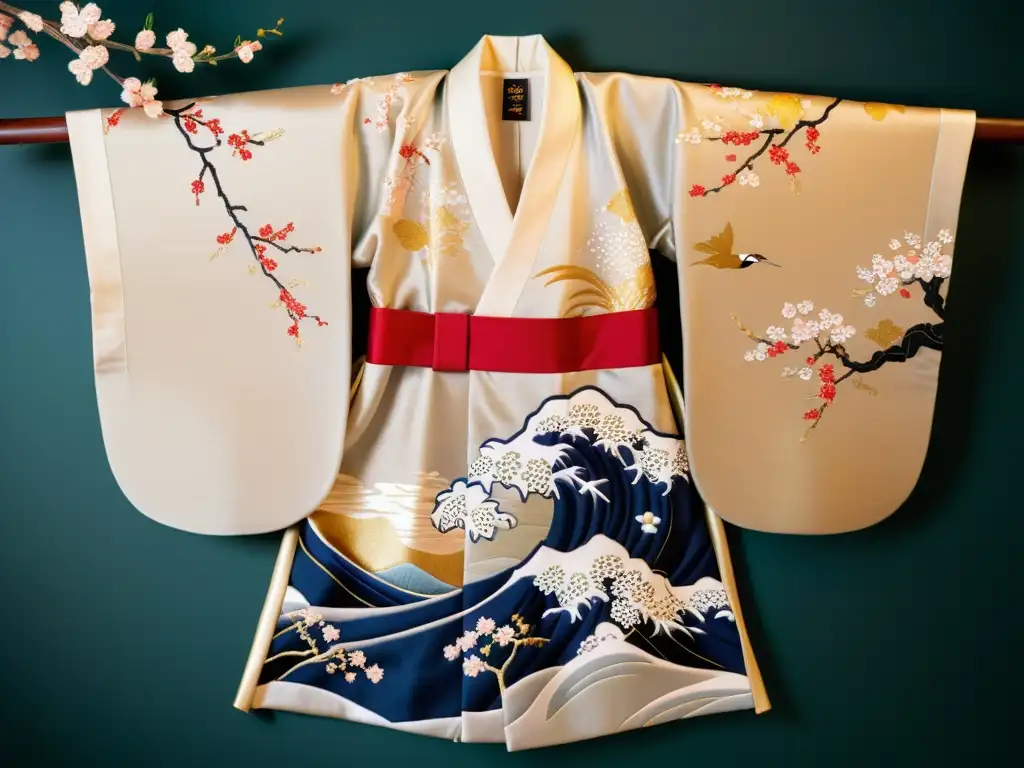 Imagen de un kimono Seijin no Hi bordado con patrones artísticos en celebración Seijinnohi, sobre un fondo japonés tradicional