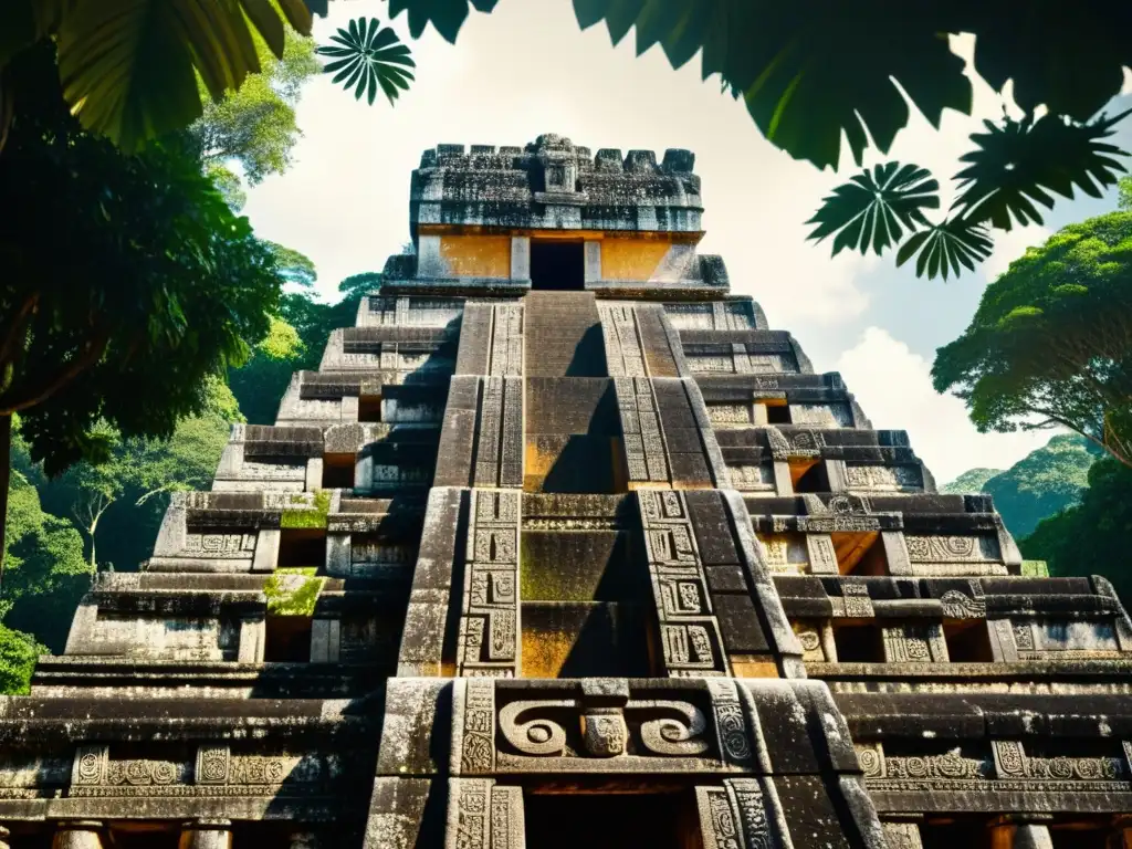 Imagen de la majestuosa arquitectura ancestral maya con patrones fractales y misteriosa atmósfera en la selva