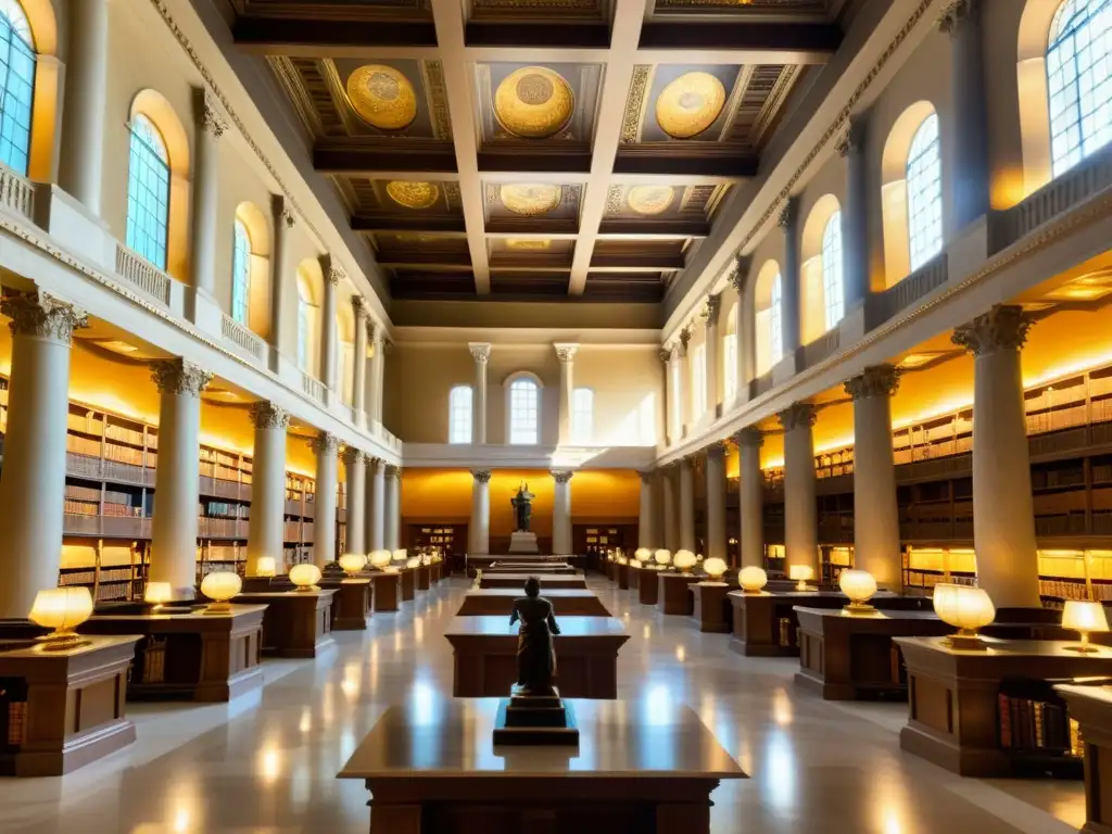 Imagen de una majestuosa biblioteca con columnas de mármol y frescos detallados, donde la luz del sol ilumina una estatua de deidad griega o romana