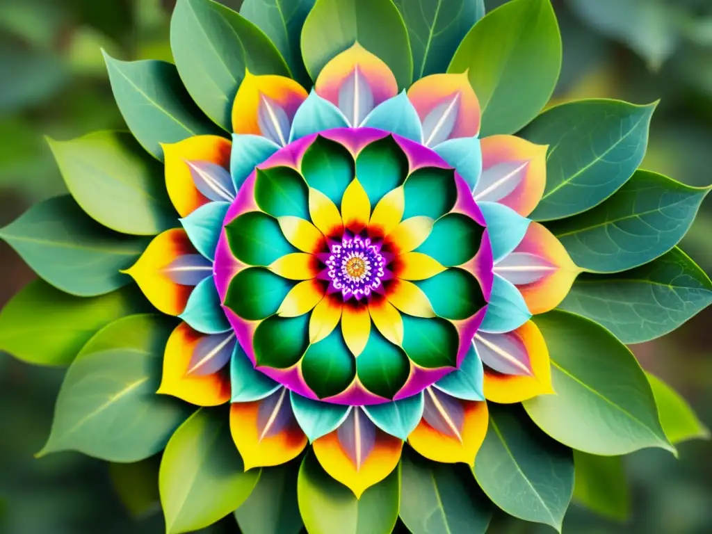 Imagen de un mandala de flores con patrones geométricos en un entorno natural, evocando tranquilidad y espiritualidad