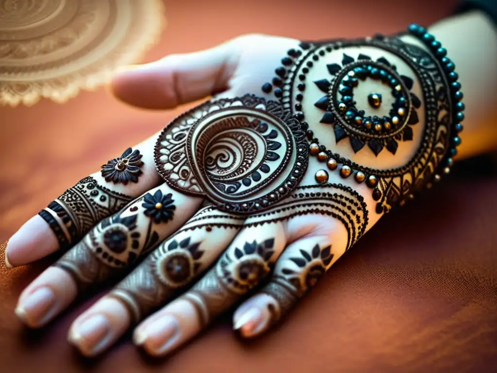 Mano decorada con intrincados diseños de henna La imagen muestra una mano de mujer con intrincados patrones de henna contemporáneos en tonos oscuros, evocando una belleza atemporal y cálida
