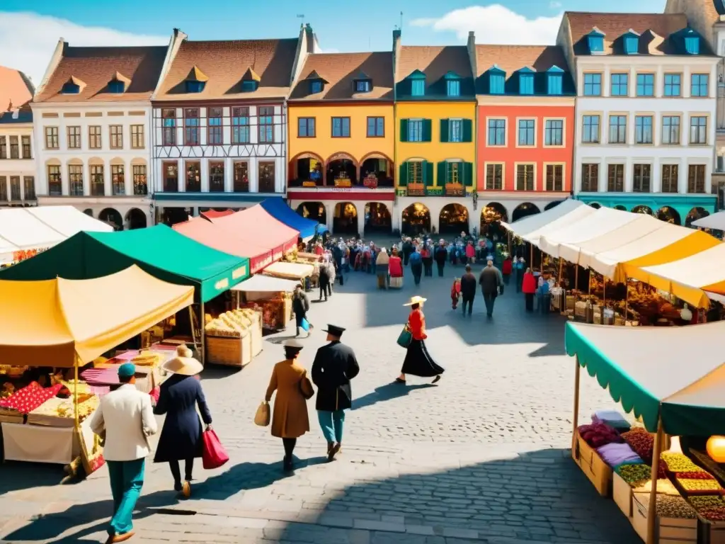 Imagen de mercado bullicioso con puestos coloridos y vendedores de diversas culturas