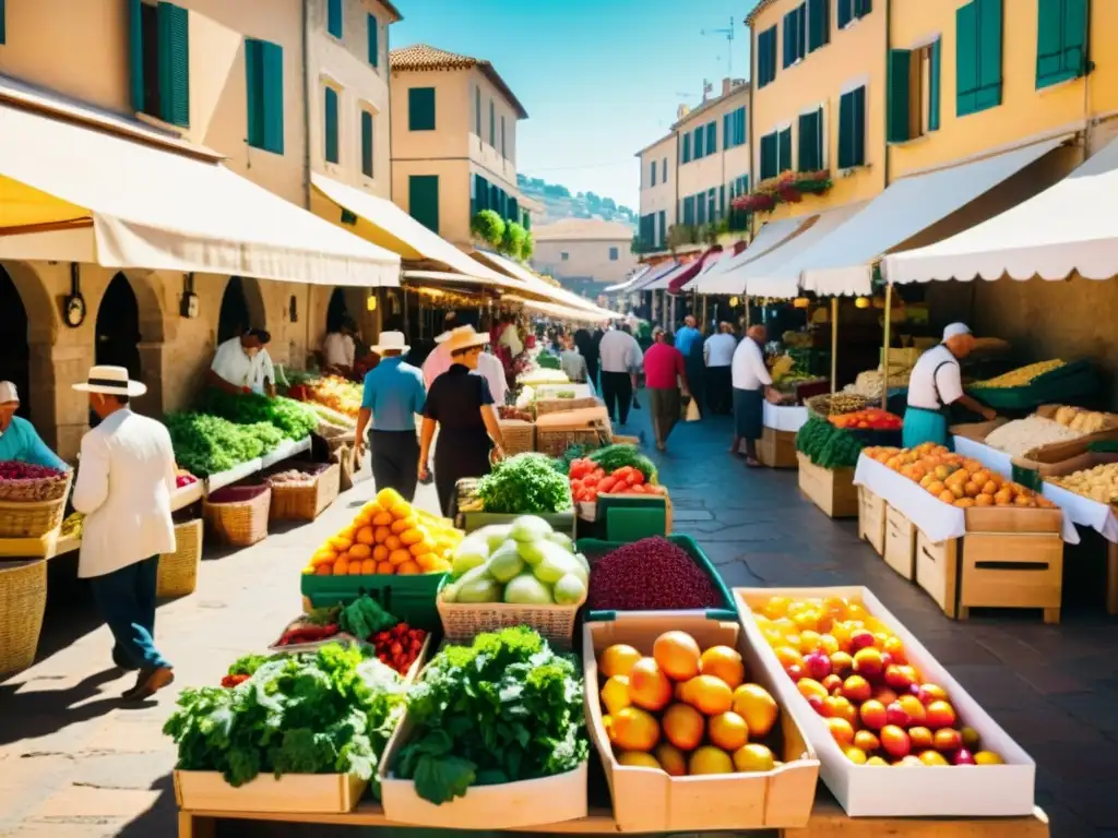 Imagen nostálgica de un bullicioso mercado mediterráneo, con patrones culinarios de la comida mediterránea y una vibrante atmósfera comunitaria